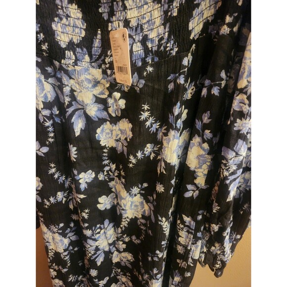 Free People Jaymes Smocked Bodice Midi Dress Black Blue Side Slit Size XS NWT - Picture 5 of 7